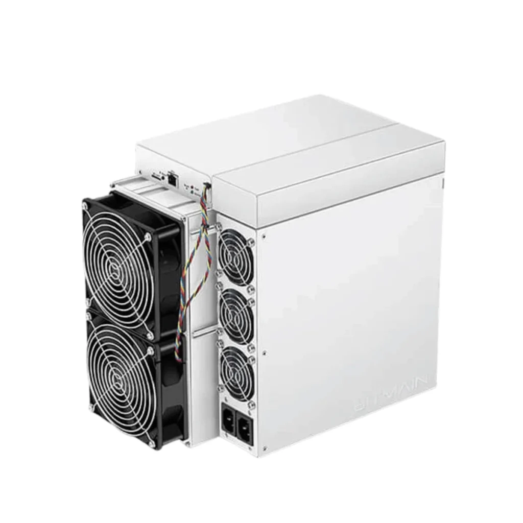 Studio view of the Bitmain Antminer S19j Pro (100 TH/s), the industry-standard air-cooled Bitcoin ASIC miner with integrated power supply.