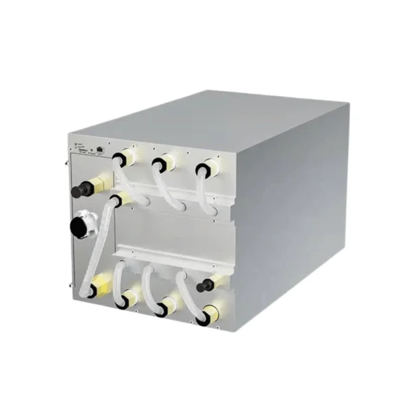 Bitmain Antminer S21 XP Hydro (473 TH/s) liquid-cooled Bitcoin miner, featuring a fanless design with water connection nozzles for ultimate industrial efficiency.