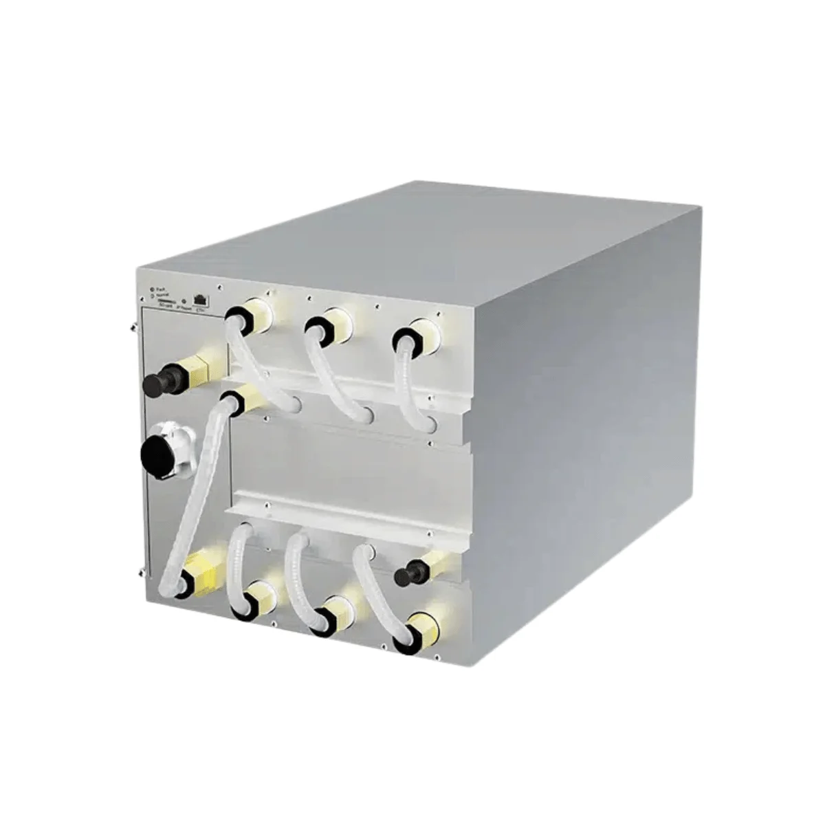 Bitmain Antminer S21 XP Hydro (473 TH/s) liquid-cooled Bitcoin miner, featuring a fanless design with water connection nozzles for ultimate industrial efficiency.