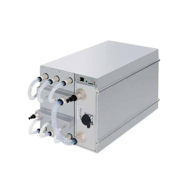 Bitmain Antminer S21 XP Hydro (395TH/s) liquid-cooled Bitcoin miner, featuring a fanless design with water connection nozzles for ultimate industrial efficiency.