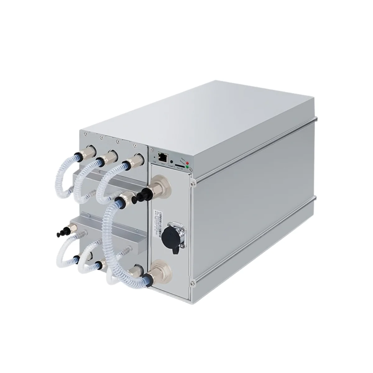 Bitmain Antminer S21 XP Hydro (395TH/s) liquid-cooled Bitcoin miner, featuring a fanless design with water connection nozzles for ultimate industrial efficiency.