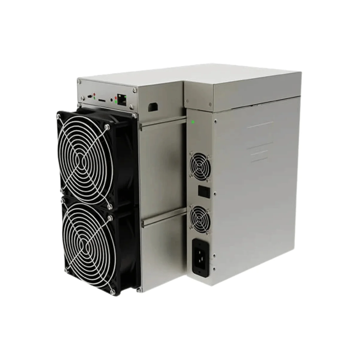 Studio shot of the IceRiver AE2 (720 MH/s) ASIC miner, featuring a silver dual-fan cooling design and high-efficiency performance.