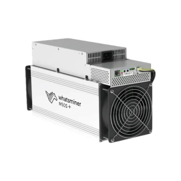Studio view of the MicroBT WhatsMiner M50S+ (140 TH/s), a highly stable air-cooled Bitcoin ASIC miner with integrated top power supply.