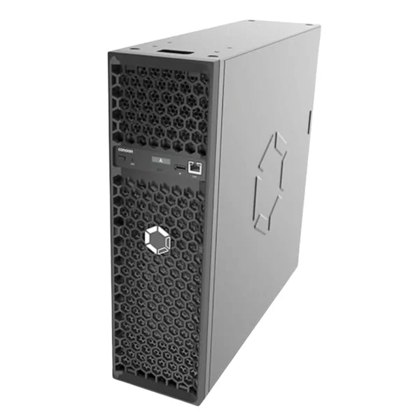 Studio shot of the Canaan Avalon Q90 (90 TH/s) vertical home Bitcoin miner, featuring a silent cooling design and modern hexagonal front grille.