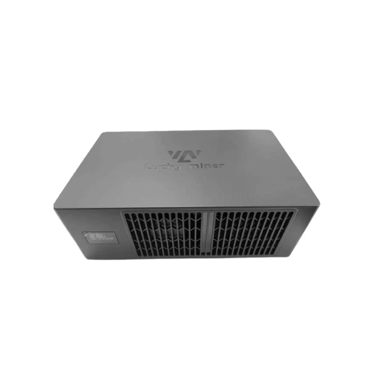 Close-up of the Lucky Miner LV08 (4.5 TH/s), a compact black desktop Bitcoin miner with LCD screen designed for solo lottery mining.