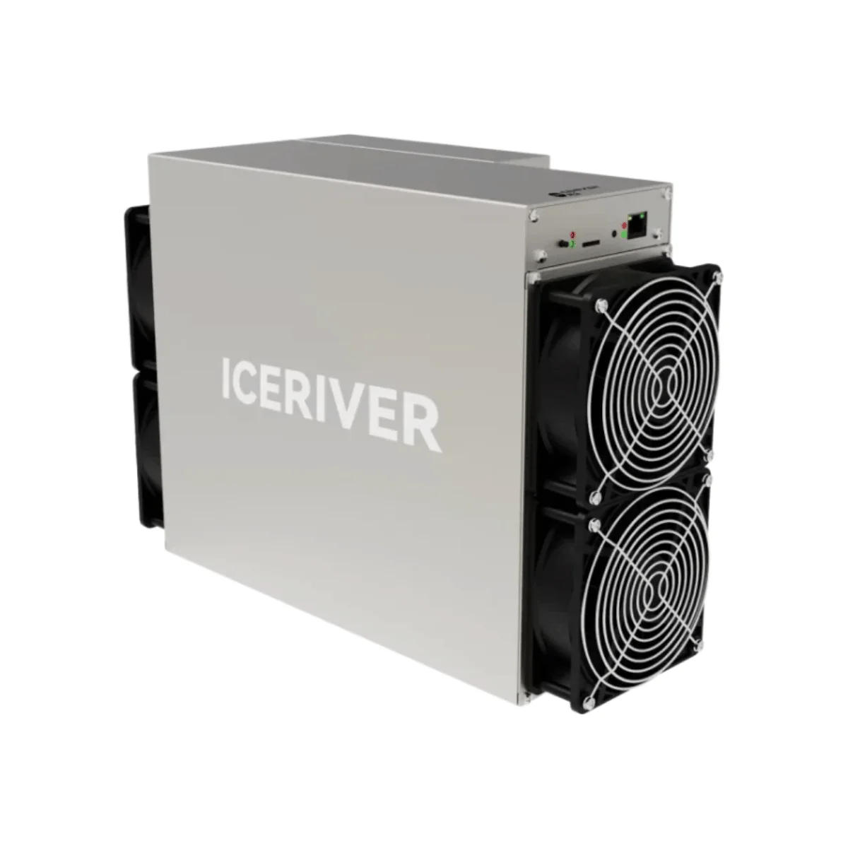 Side view of the IceRiver AE3 (2 GH/s) ASIC miner, featuring a prominent logo on the silver chassis and dual front cooling fans.