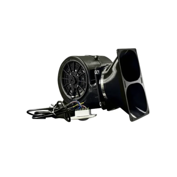 Black mini silencer blower fan with duct shroud, designed to replace standard fans and reduce noise for ASIC mining rigs.