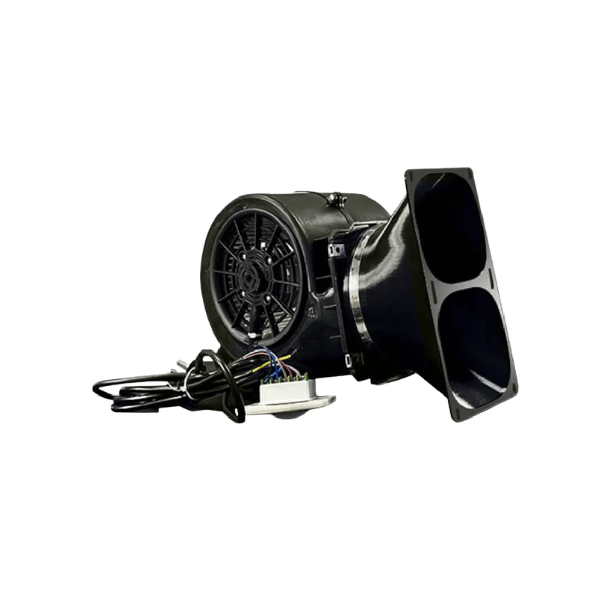 Black mini silencer blower fan with duct shroud, designed to replace standard fans and reduce noise for ASIC mining rigs.
