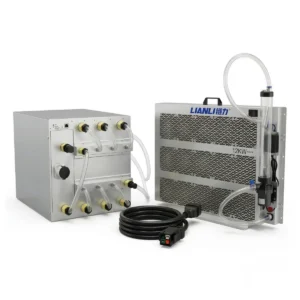 Bitmain Antminer S21 XP Hydro (473 TH/s) liquid-cooled ASIC miner, displayed alongside a LianLi 12KW radiator system and 3-phase power cable, representing our complete 15-unit wholesale farm package.