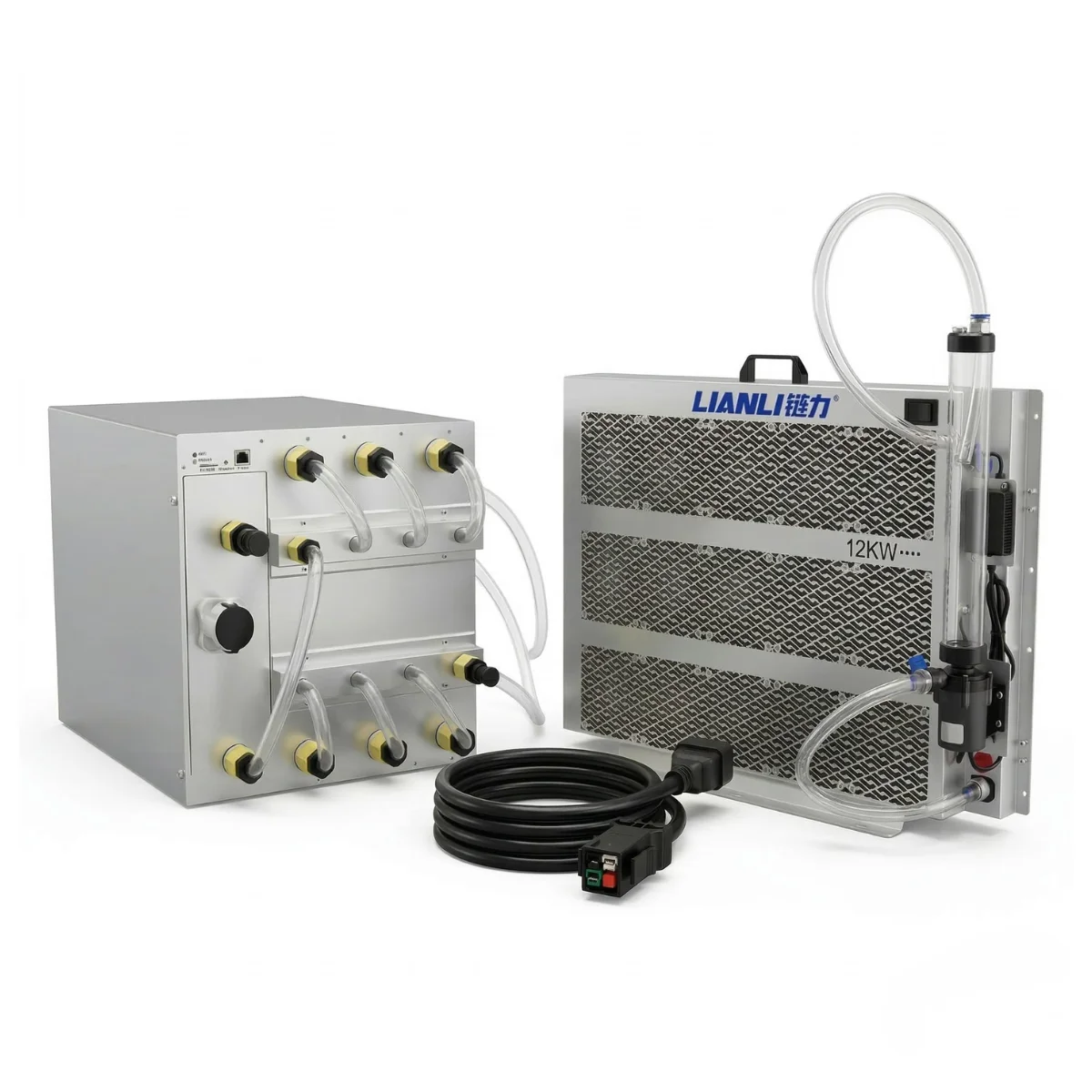 Bitmain Antminer S21 XP Hydro (473 TH/s) liquid-cooled ASIC miner, displayed alongside a LianLi 12KW radiator system and 3-phase power cable, representing our complete 15-unit wholesale farm package.