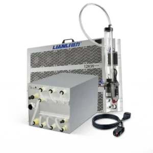 Bitmain Antminer S21 XP Hydro (473 TH/s) liquid-cooled ASIC miner, displayed alongside a LianLi 12KW radiator system and 3-phase power cable, representing our complete 15-unit wholesale farm package.