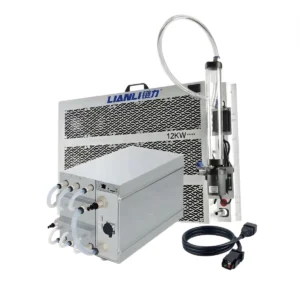 Bitmain Antminer S21 XP+ Hydro (395 TH/s) liquid-cooled ASIC miner, shown with a LianLi 12KW radiator and a 3-phase power cable, representing our complete 15-unit wholesale farm bundle.