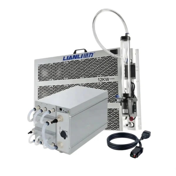 Bitmain Antminer S21 XP+ Hydro (395 TH/s) liquid-cooled ASIC miner, shown with a LianLi 12KW radiator and a 3-phase power cable, representing our complete 15-unit wholesale farm bundle.