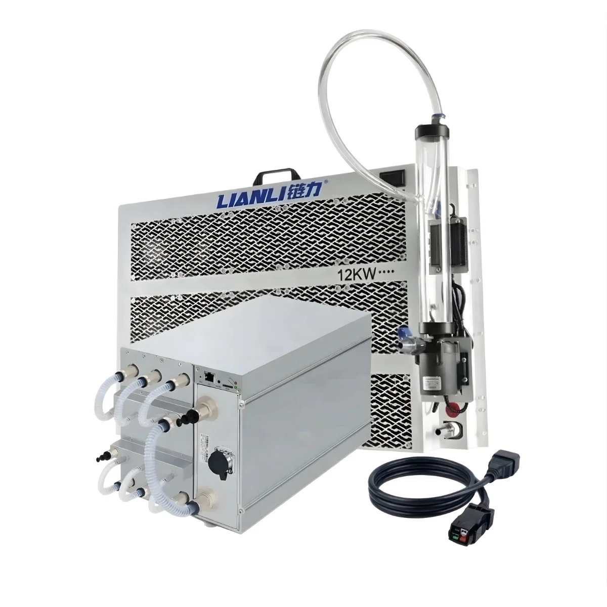 Bitmain Antminer S21 XP+ Hydro (395 TH/s) liquid-cooled ASIC miner, shown with a LianLi 12KW radiator and a 3-phase power cable, representing our complete 15-unit wholesale farm bundle.