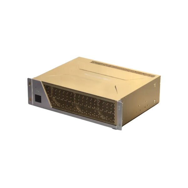 Studio view of the FLUMINER T3 (115 TH/s) Bitcoin ASIC miner, featuring a distinct gold-colored, rack-mountable chassis with a wide front ventilation grill.
