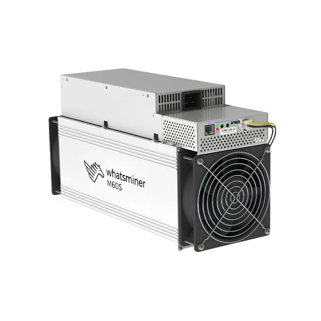 Studio view of the MicroBT WhatsMiner M60S++ (202 TH/s), an ultra-high-performance air-cooled Bitcoin ASIC miner featuring a top-mounted power supply.