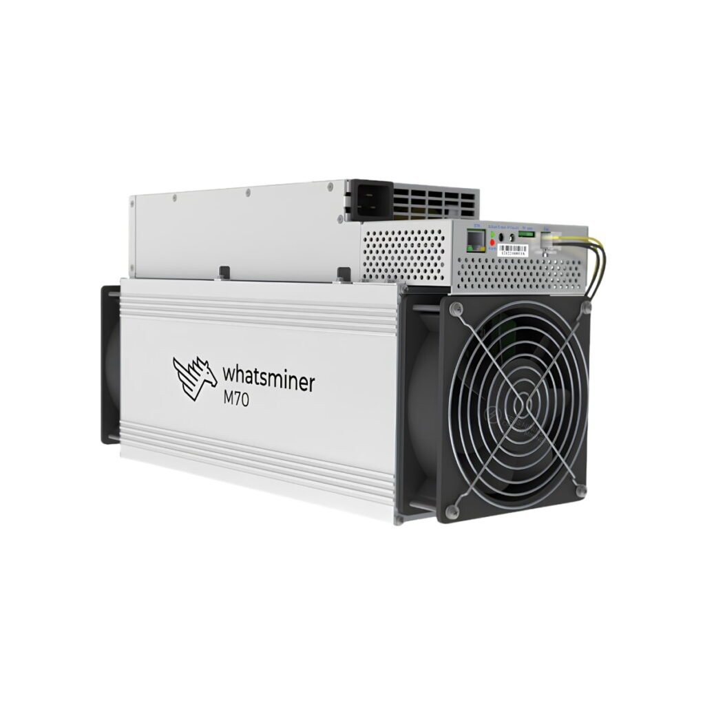 Studio view of the MicroBT WhatsMiner M70 (218 TH/s), a next-generation air-cooled Bitcoin ASIC miner featuring a top-mounted power supply.