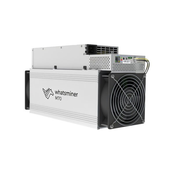 Studio view of the MicroBT WhatsMiner M70 (218 TH/s), a next-generation air-cooled Bitcoin ASIC miner featuring a top-mounted power supply.