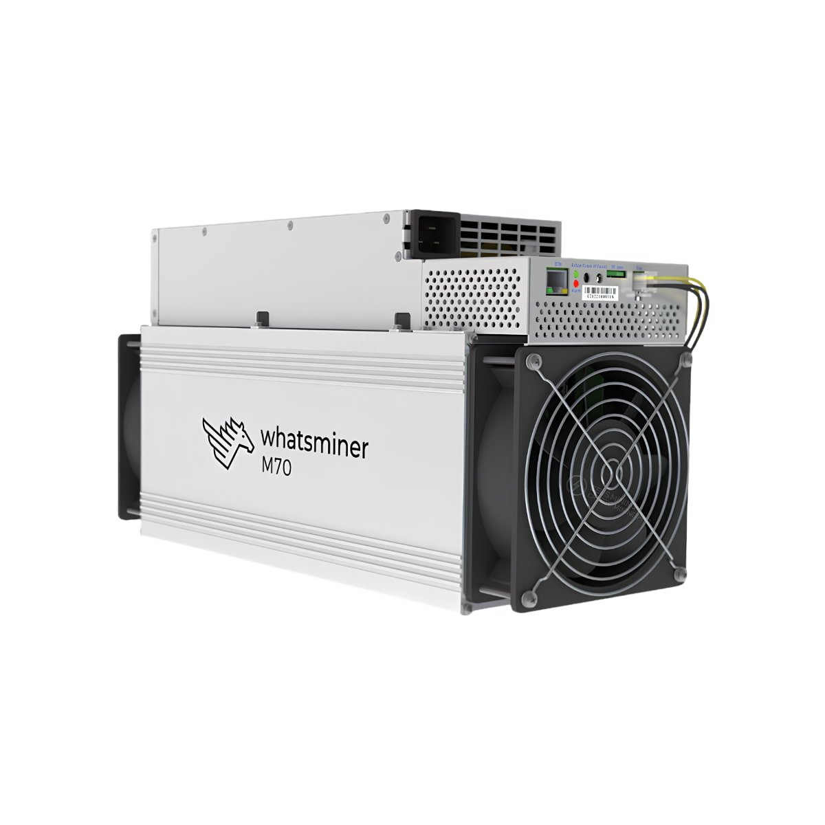 Studio view of the MicroBT WhatsMiner M70 (218 TH/s), a next-generation air-cooled Bitcoin ASIC miner featuring a top-mounted power supply.