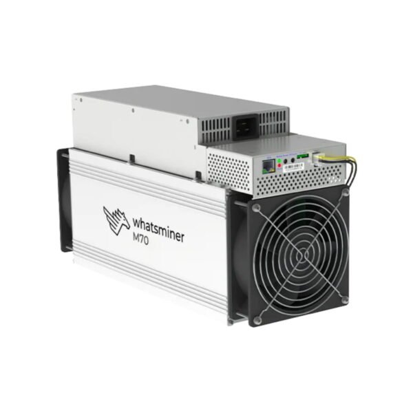 Studio view of the MicroBT WhatsMiner M70+ (244 TH/s), a top-tier air-cooled Bitcoin ASIC miner featuring a high-efficiency top-mounted power supply.