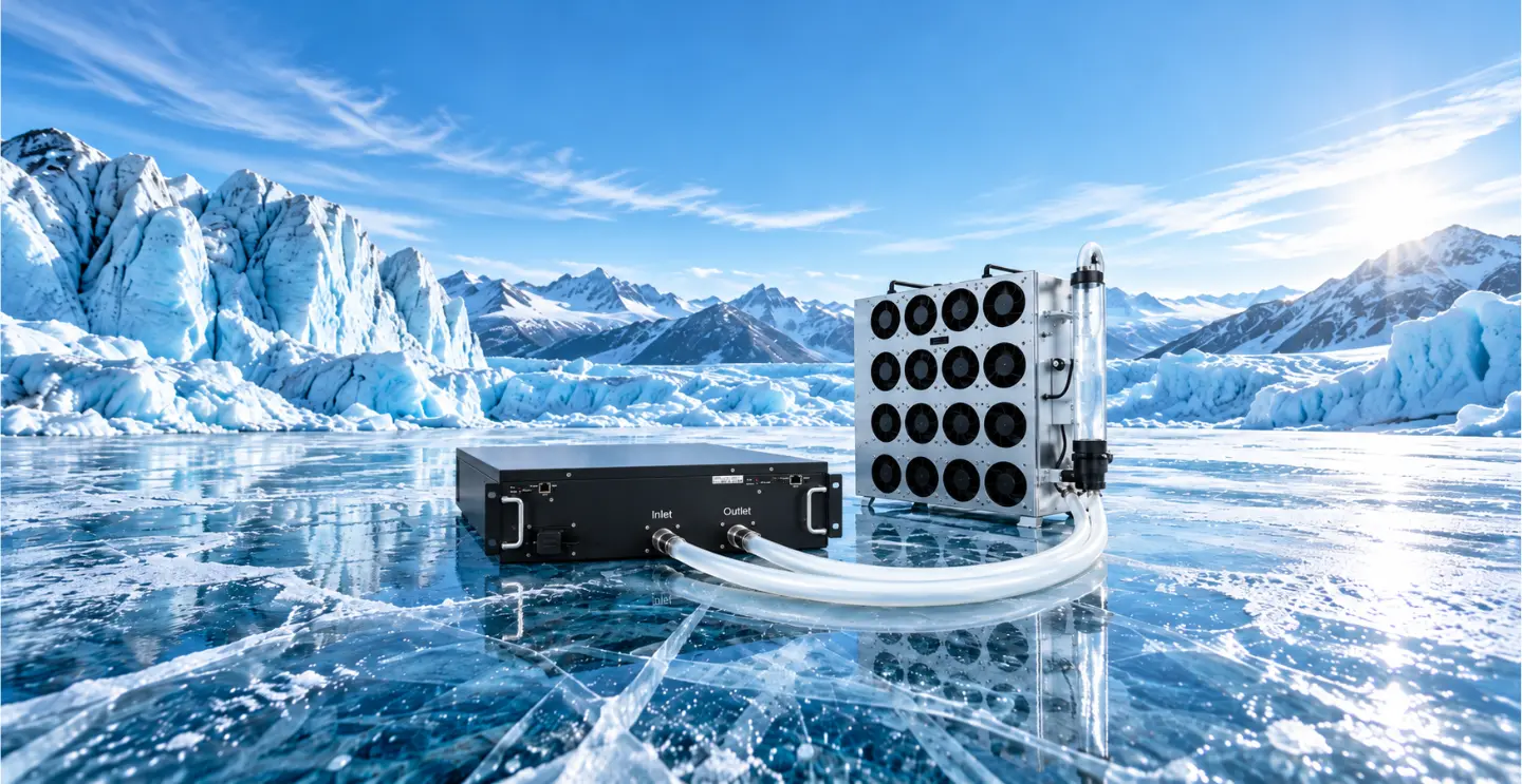 Industrial cooling system connected to an Antminer S23 Hydro 3U for high-performance cryptocurrency mining